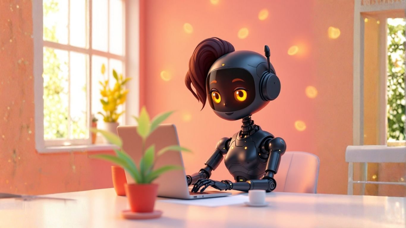 Female dark AI robot working in a small office, analysing strategies and tools for creating an AI-powered membership model to enhance client engagement