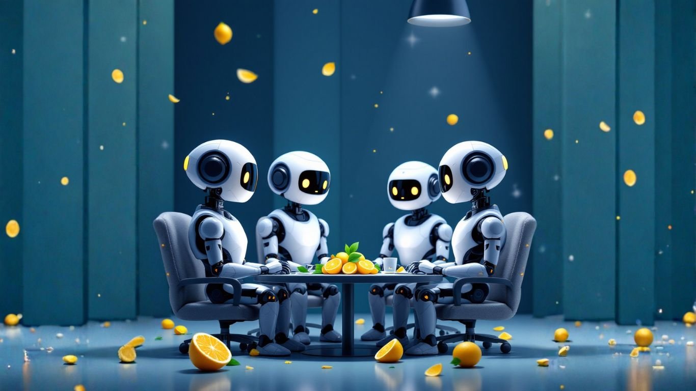 Team of AI robots in a professional boardroom collaborating to improve AI assistant workflows, showing how AI enhances productivity in team meetings
