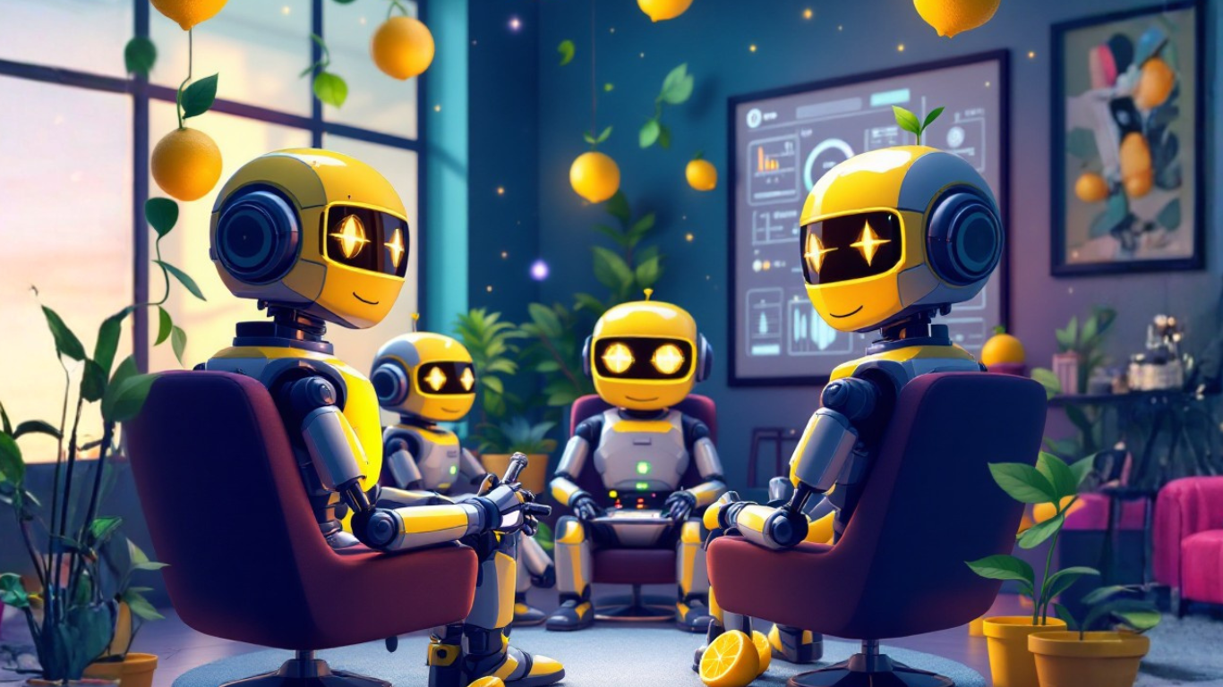 Team of AI robots discussing how customer support AI can cut support tickets by 40% for small teams through automation and efficiency