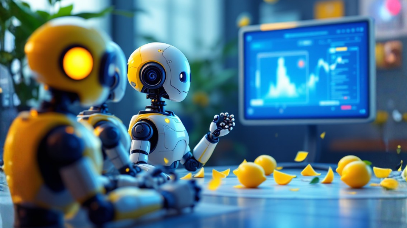 Team of AI robots discussing the question can I still build AI if I’m not technical, exploring easy no-code tools for beginners