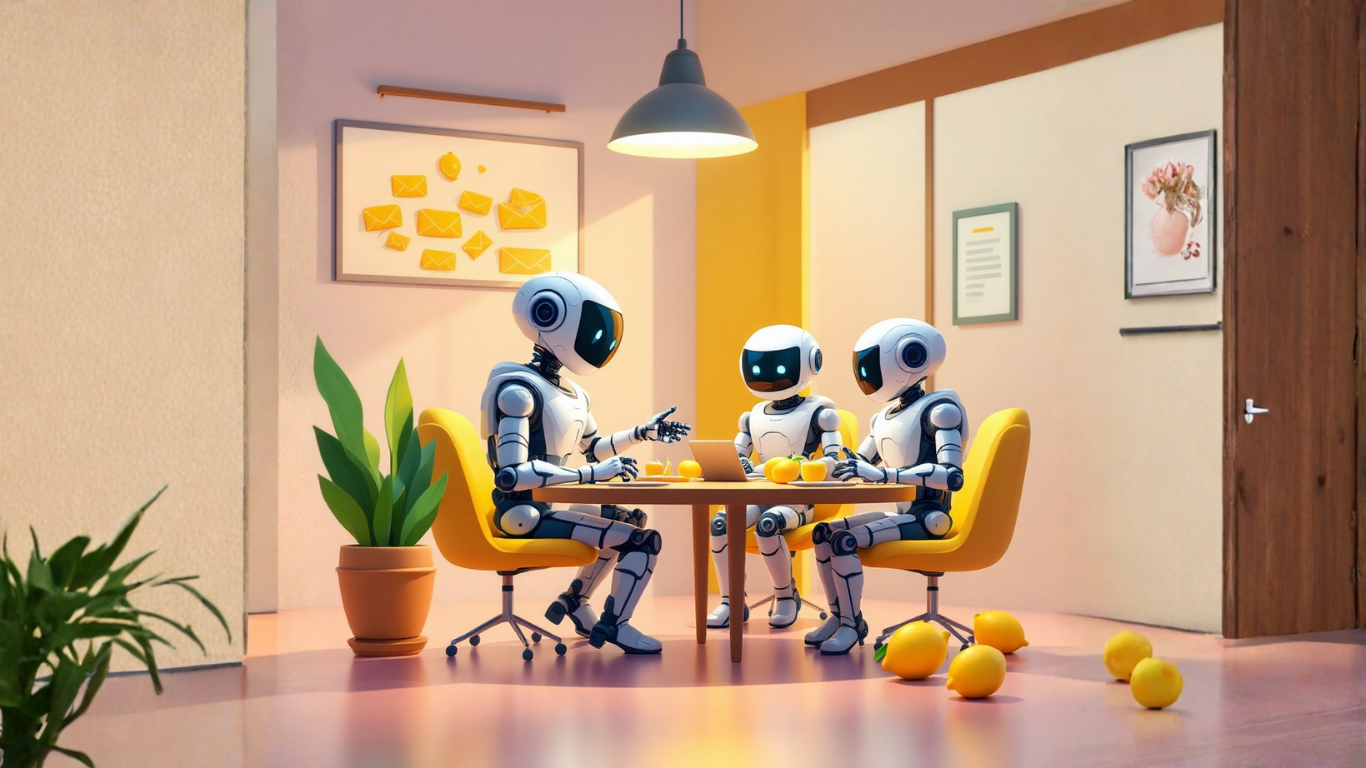 Team of AI robots in a meeting room collaborating on how AI agents can transform AI email marketing automation to boost personalization and campaign results