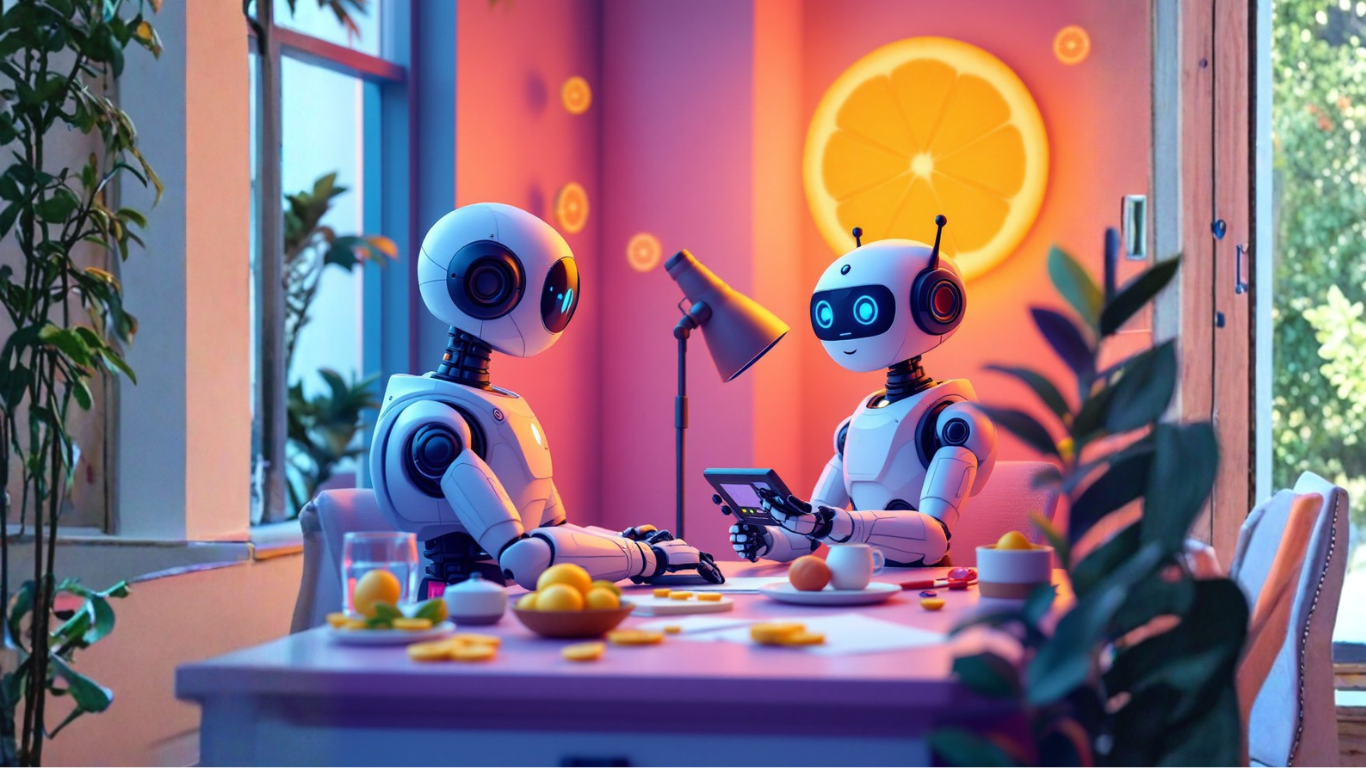 Team of AI robots discussing how an AI habit assistant can track daily routines in a supportive, non-intrusive way to build consistency