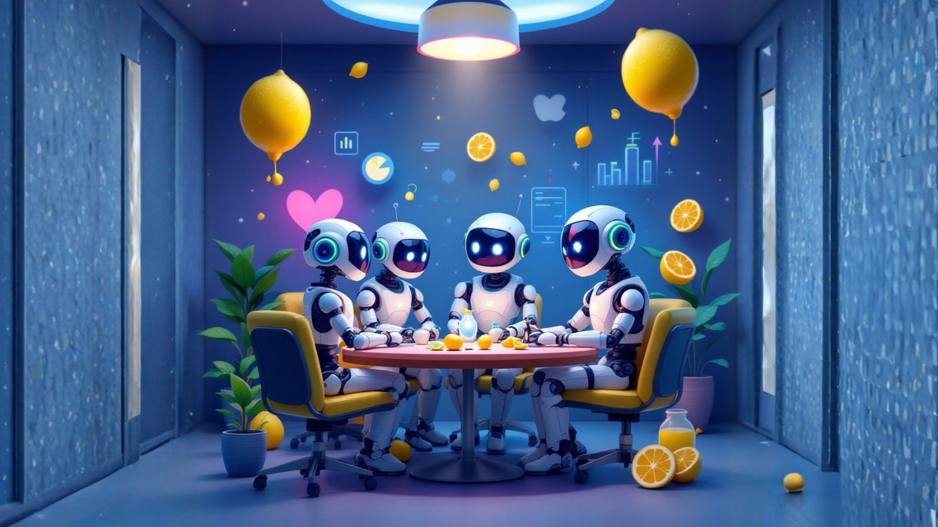 Team of AI robots in a meeting room collaborating on how AI habit tracking can uncover hidden habits and behavior patterns to improve daily productivity