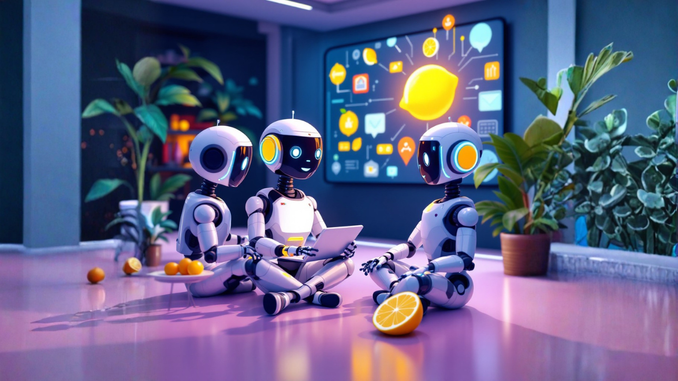 Team of AI robots discussing how an AI micro agent can serve as a personal support system by automating tasks and improving productivity