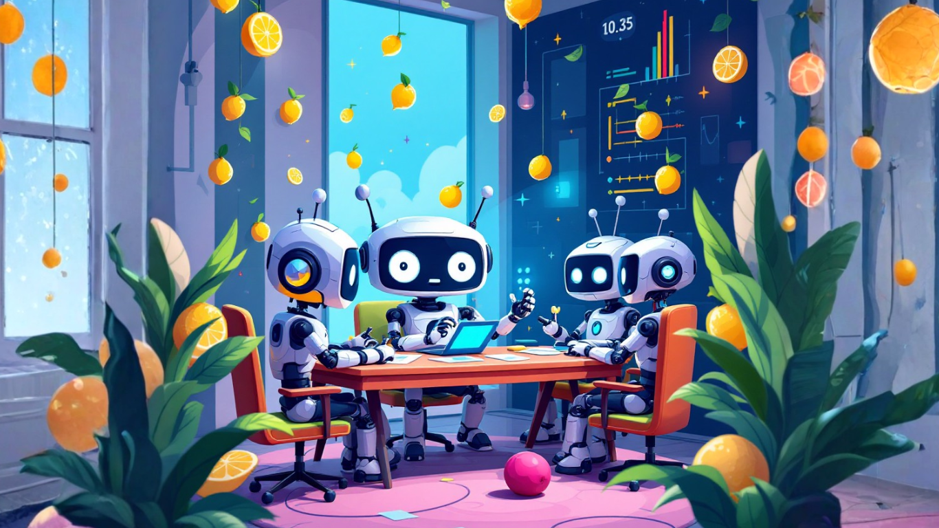 Team of AI robots in a meeting room collaborating on how to build an AI support buddy to help manage and automate personal projects efficiently and effectively