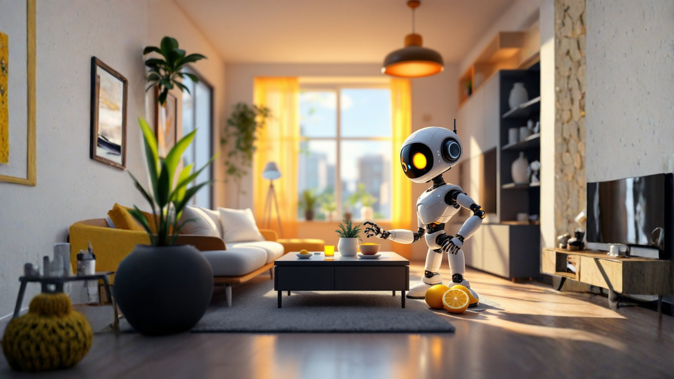 AI robot in a futuristic smart home using a computer to explore how to make a smart home truly intelligent with a custom AI agent for automation and control
