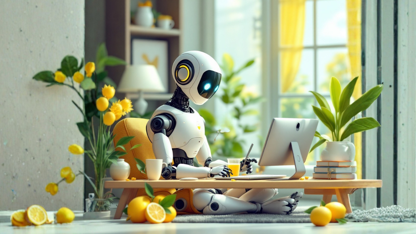 AI robot in a home office using a computer to explore how to use an AI weekly planning assistant to plan an ideal week, manage tasks, and ensure relaxation