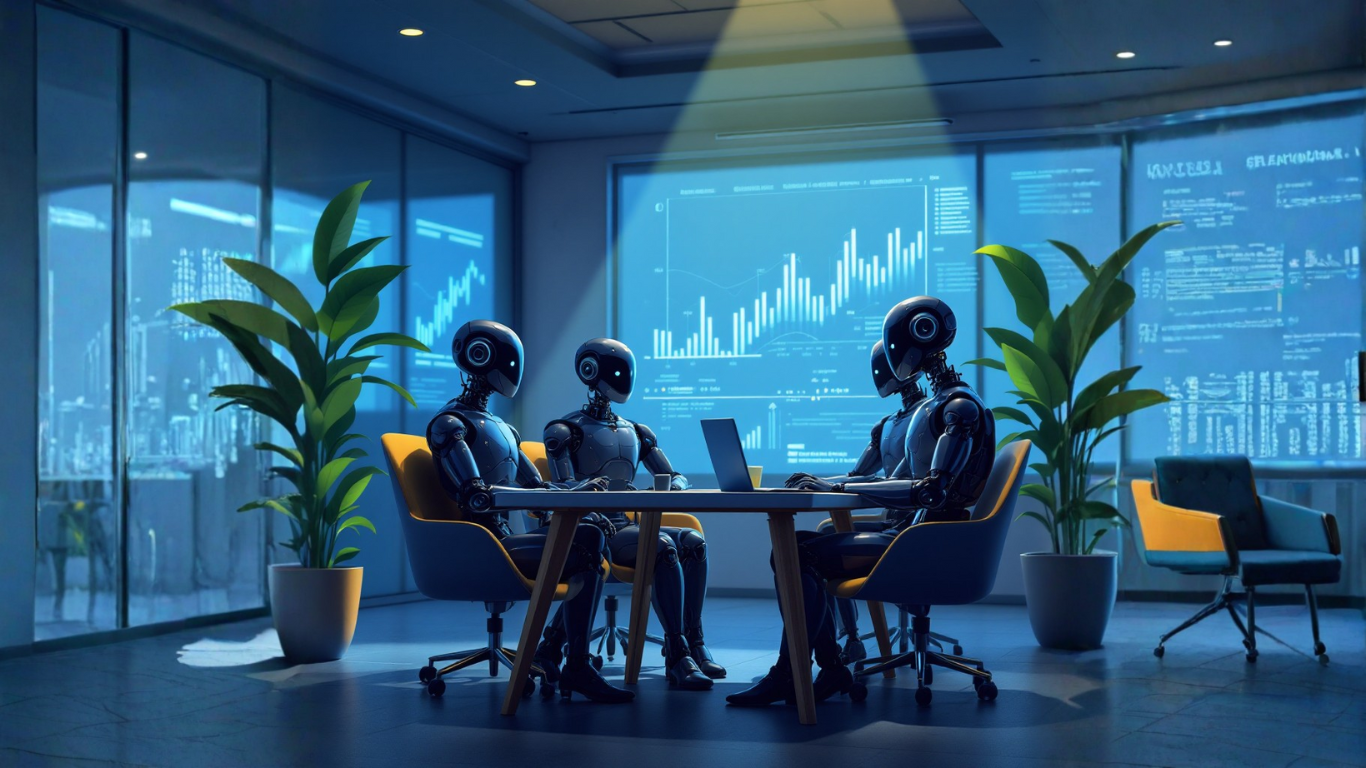 Team of dark-themed AI robots in a meeting room discussing how law firms can monetize custom AI assistants in 2025 to boost efficiency and generate revenue