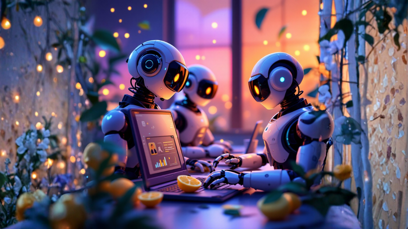 Team of AI robots working on laptops brainstorming how a privacy-first AI assistant can manage to-dos effectively while fully respecting user data privacy