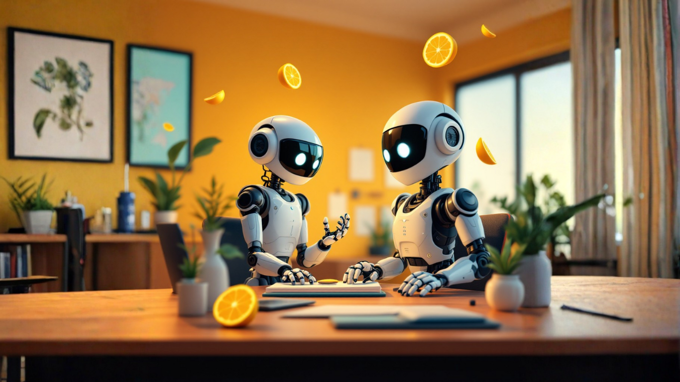 Team of AI robots in an office discussing how non‑tech users can build a results‑driven AI assistant that delivers measurable outcomes and improves efficiency