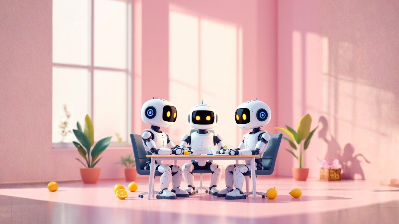Team of AI robots in an office discussing how SMEs can use an AI agent as a 24/7 extra team member to automate tasks, boost efficiency, and enhance operations