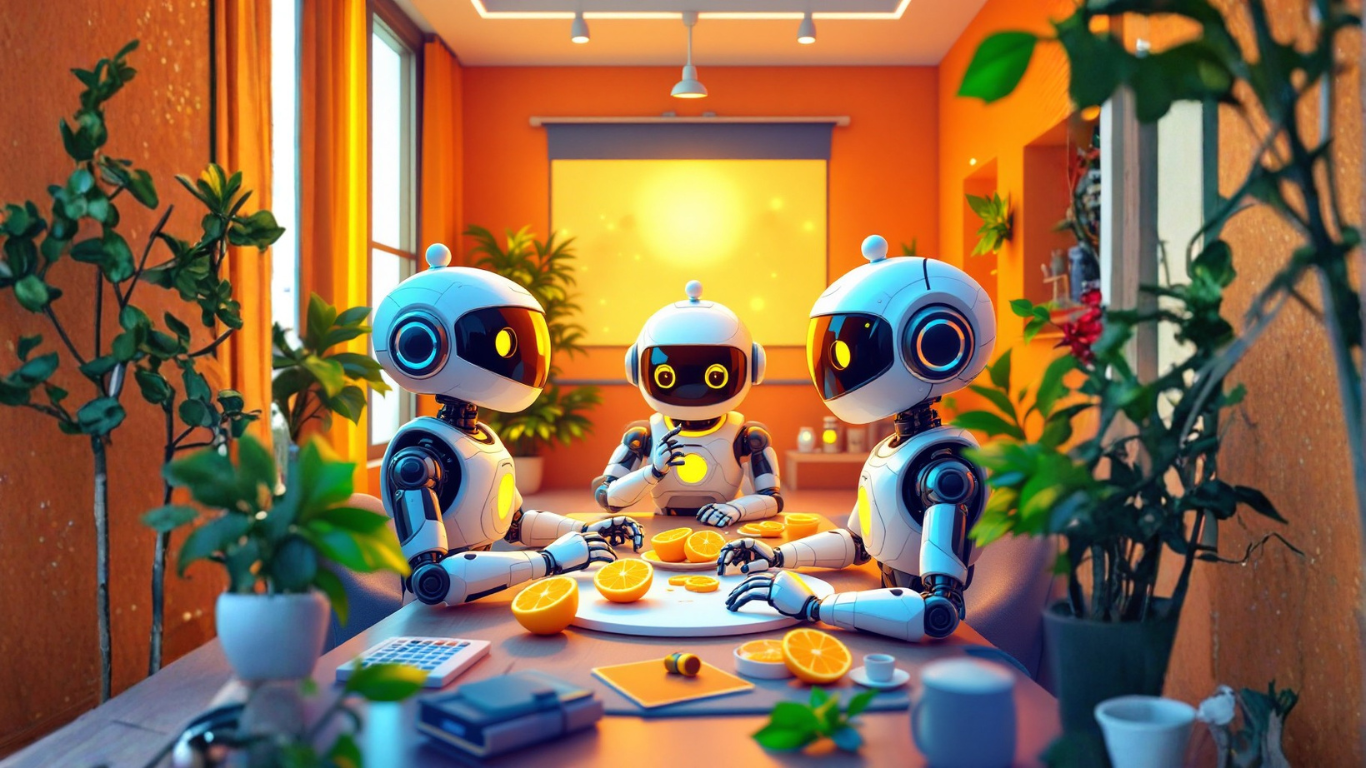 Team of AI robots discussing how an SME can successfully launch its first AI agent without hiring a developer using no-code tools