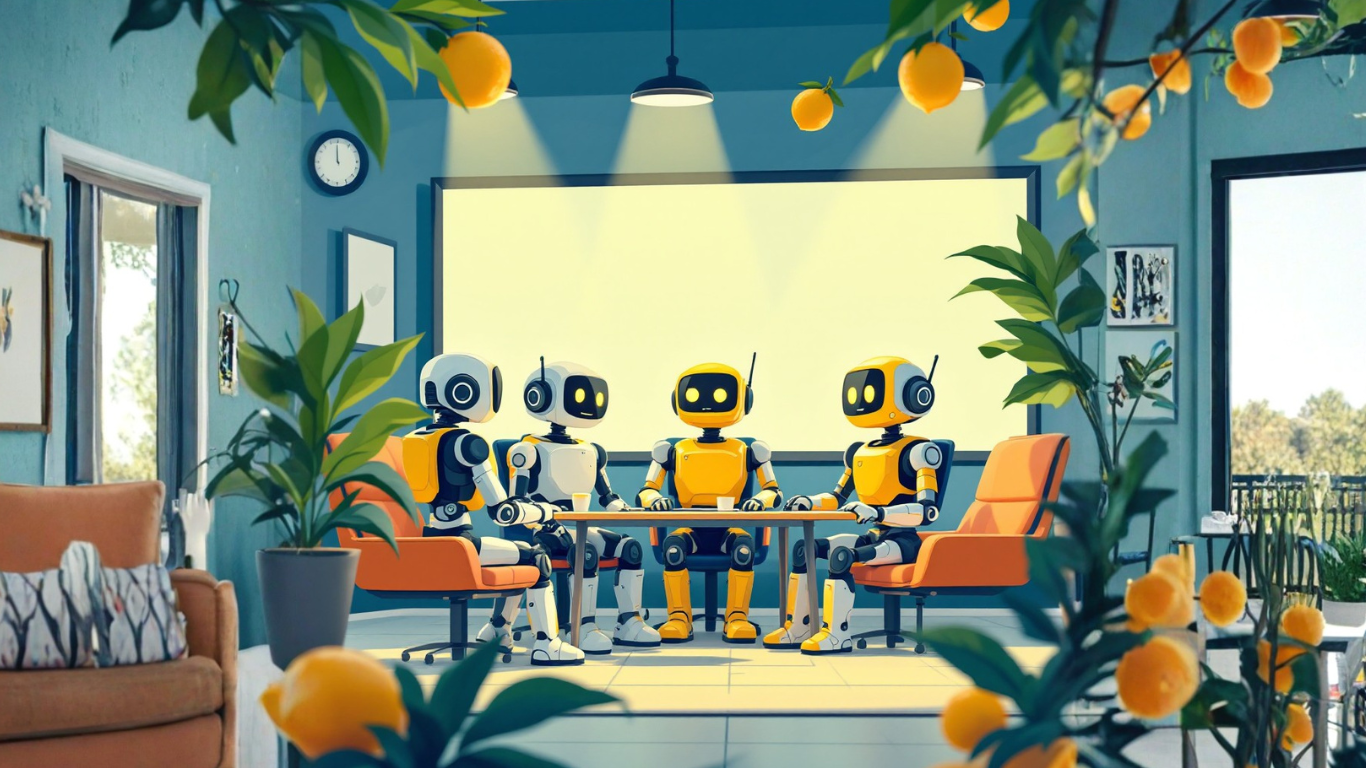 Team of AI robots collaborating on how to make an AI assistant sound more natural and human when interacting with clients effectively