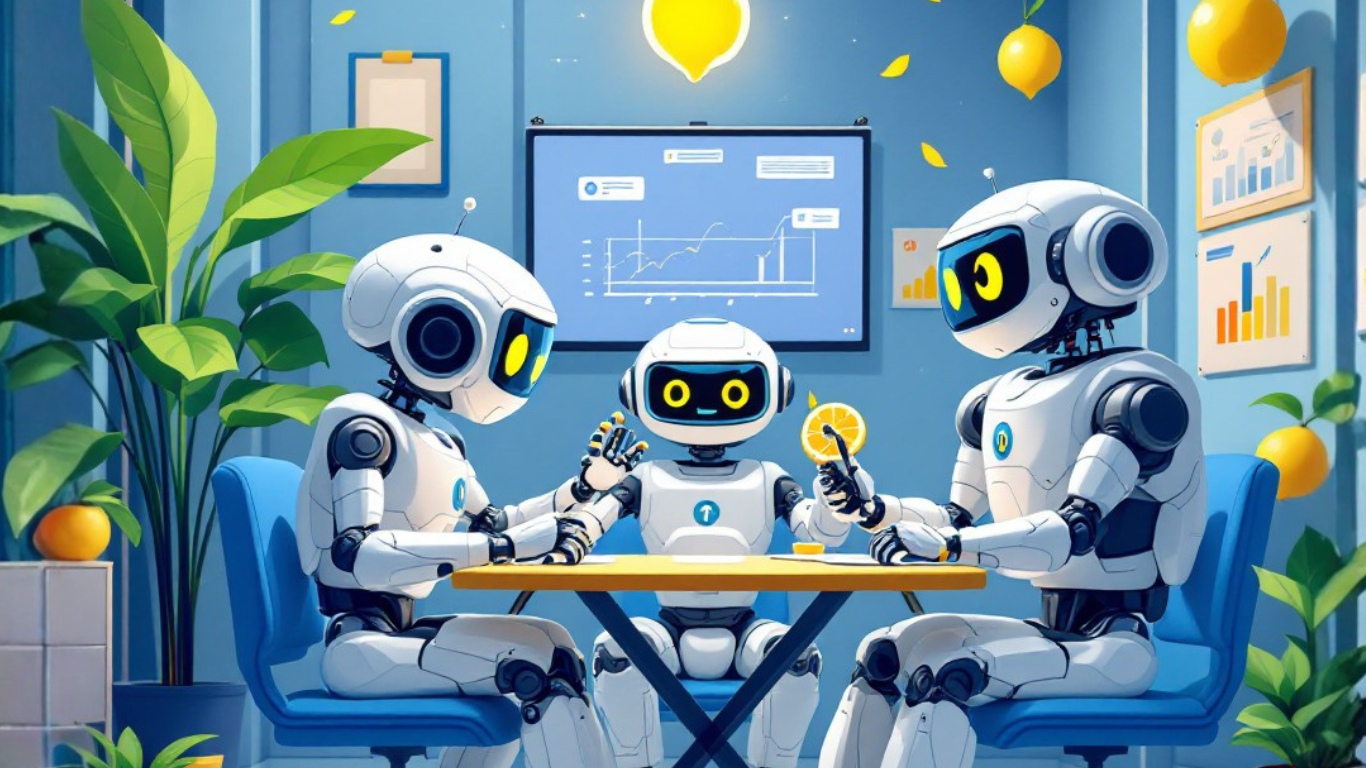 Team of AI robots discussing the results and experiences of what happened when I let AI schedule my life to improve balance and focus