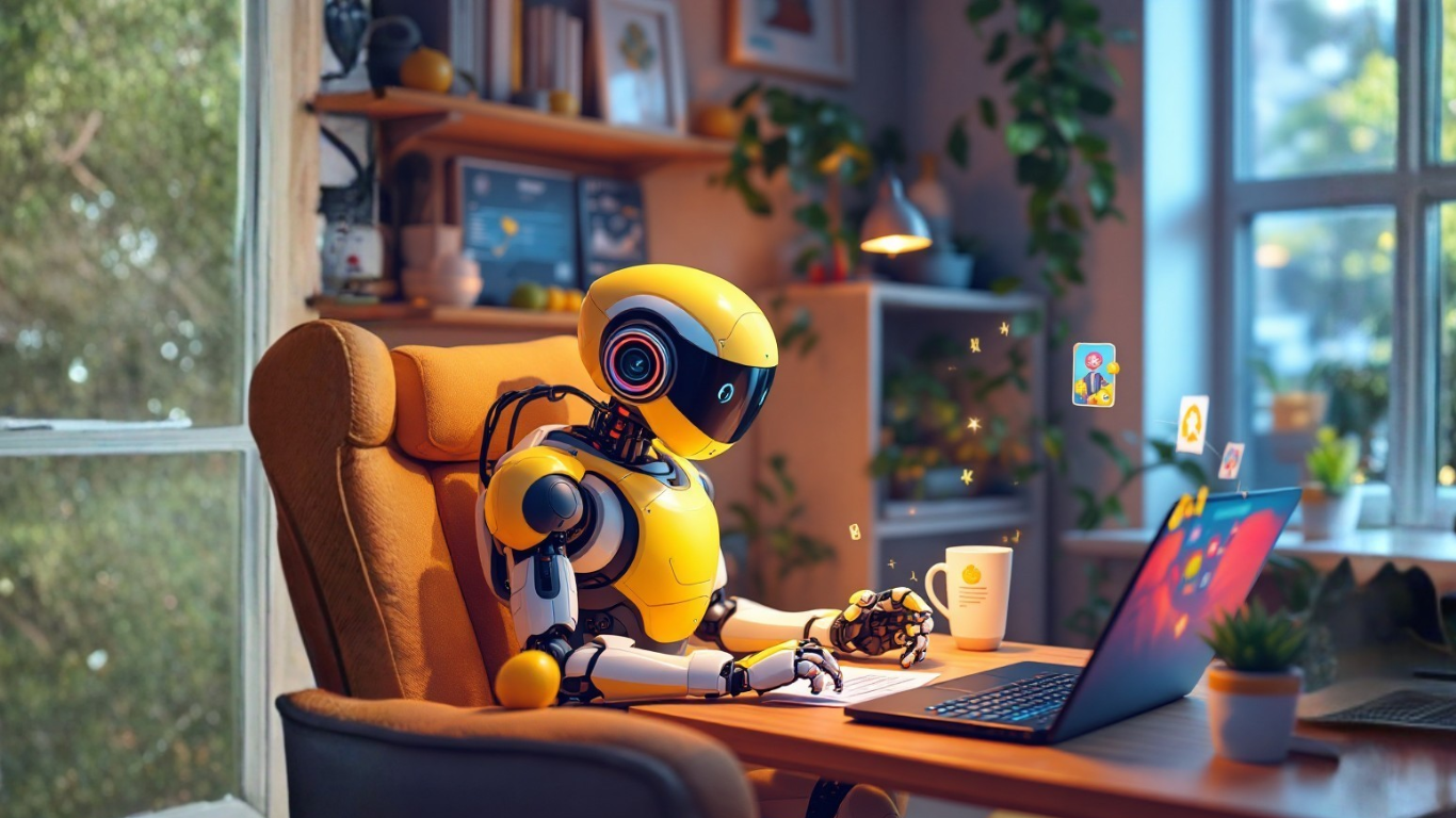 AI robot in a home office using a computer to research the secret to building an assistant who gets you and your habits for better personalization and support