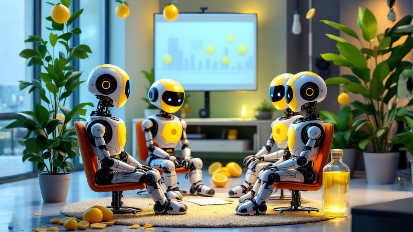 Team of AI robots discussing common business mistakes when picking AI tools and exploring smarter strategies for small business success