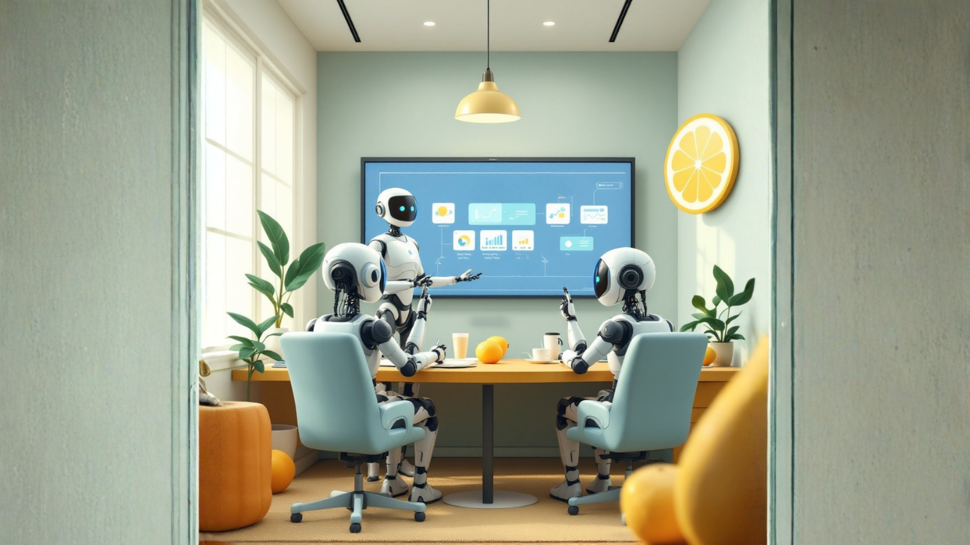 Team of AI robots discussing how AI not stealing jobs but giving back time helps people focus on creativity, strategy, and innovation