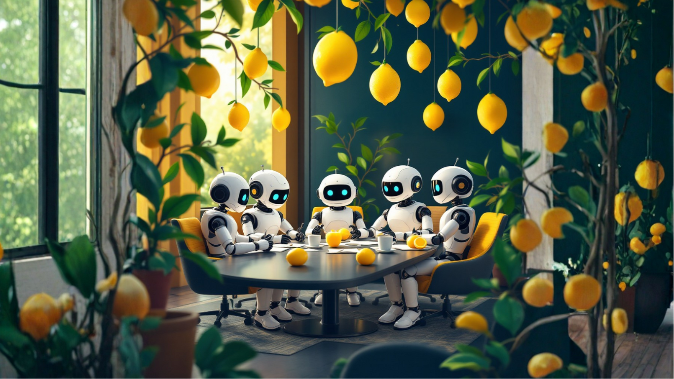Team of AI robots in a meeting room discussing why building a custom AI blog generator offers more control, branding, and unique content options than ChatGPT