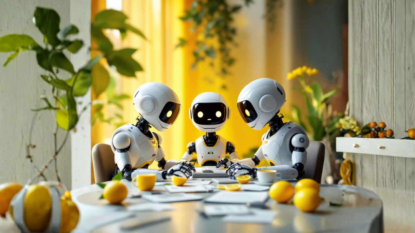 Team of AI robots gathered around a table analysing why voice, text, and image integration in multimodal AI helps non‑tech users easily build AI for daily life