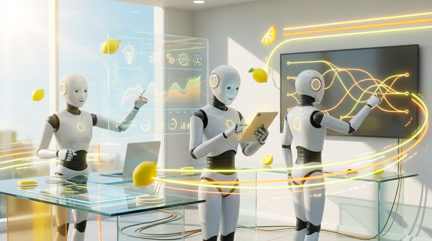 Team of friendly AI robots collaborating in a bright, modern tech space with citrus accents, symbolizing how an AI-powered one-person agency transforms entrepreneurship.