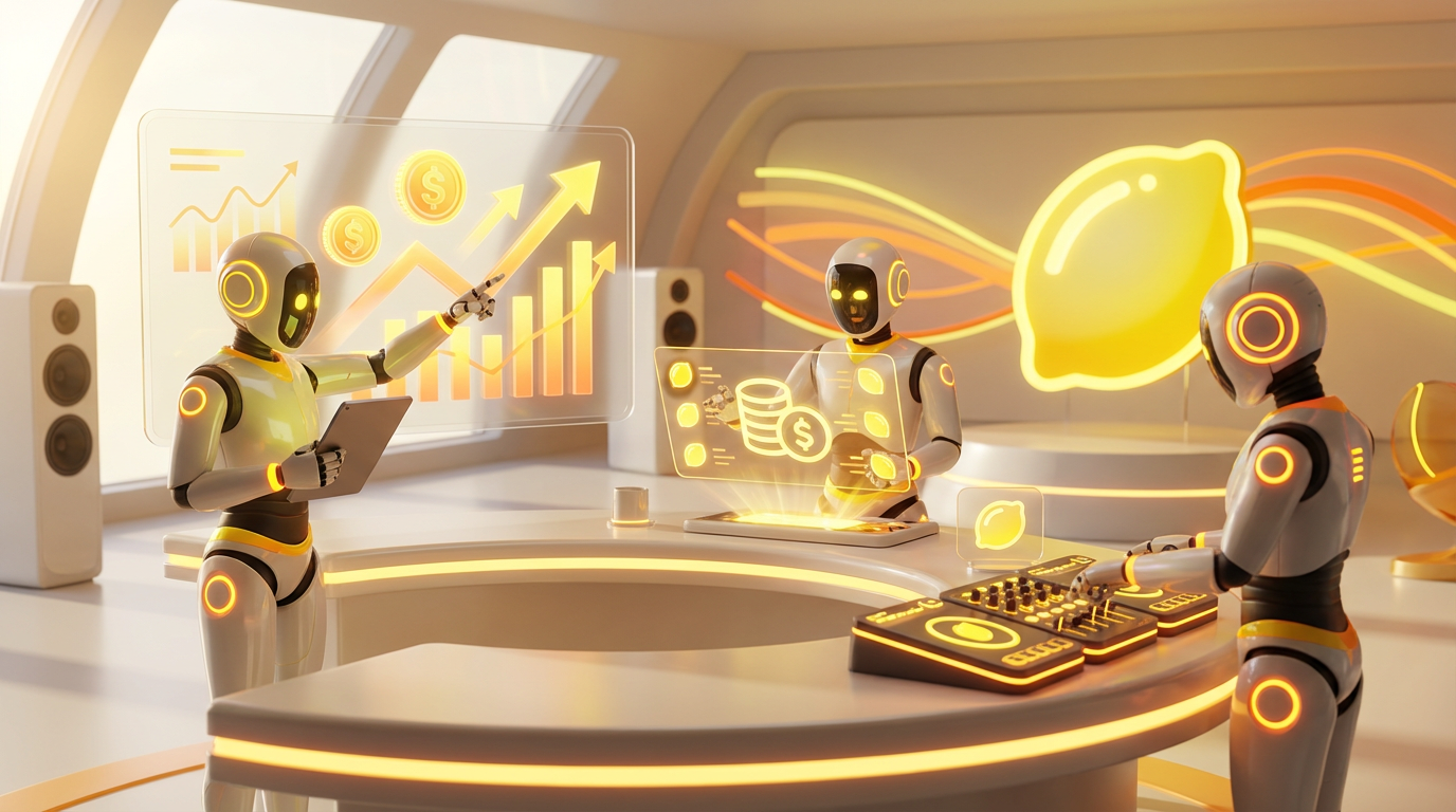 Team of friendly AI robots collaborating in a bright, citrus-toned tech space, symbolizing how freelancers can monetize AI services through innovation and strategy.