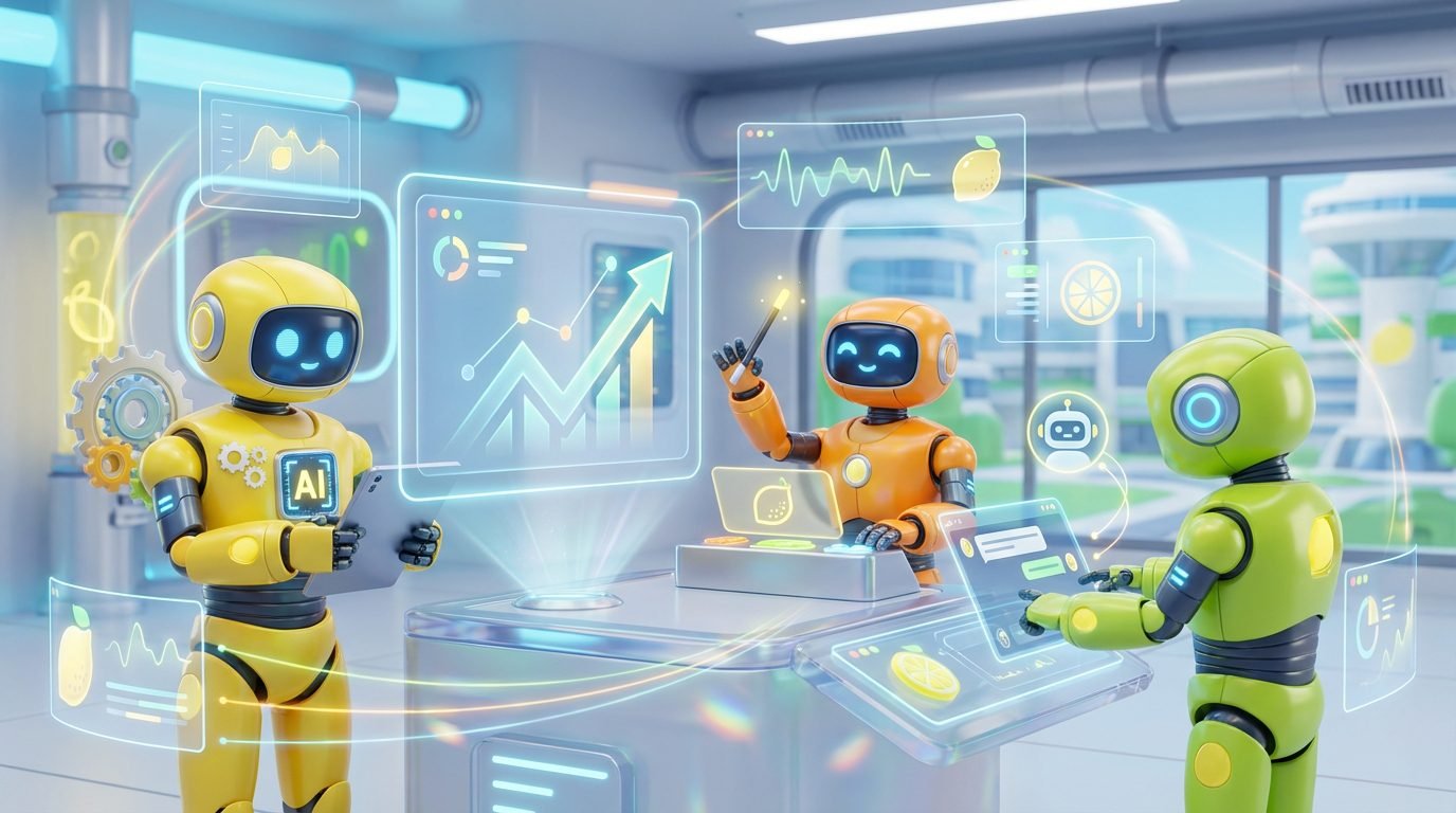 Team of friendly AI robots collaborating in a bright, modern tech space with citrus accents, comparing a Smart AI Assistant and bots for business growth.