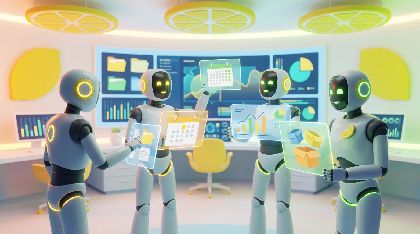 Team of friendly AI robots collaborating in a bright, modern tech room with citrus-toned accents, illustrating how an AI agent automates seven manual tasks.