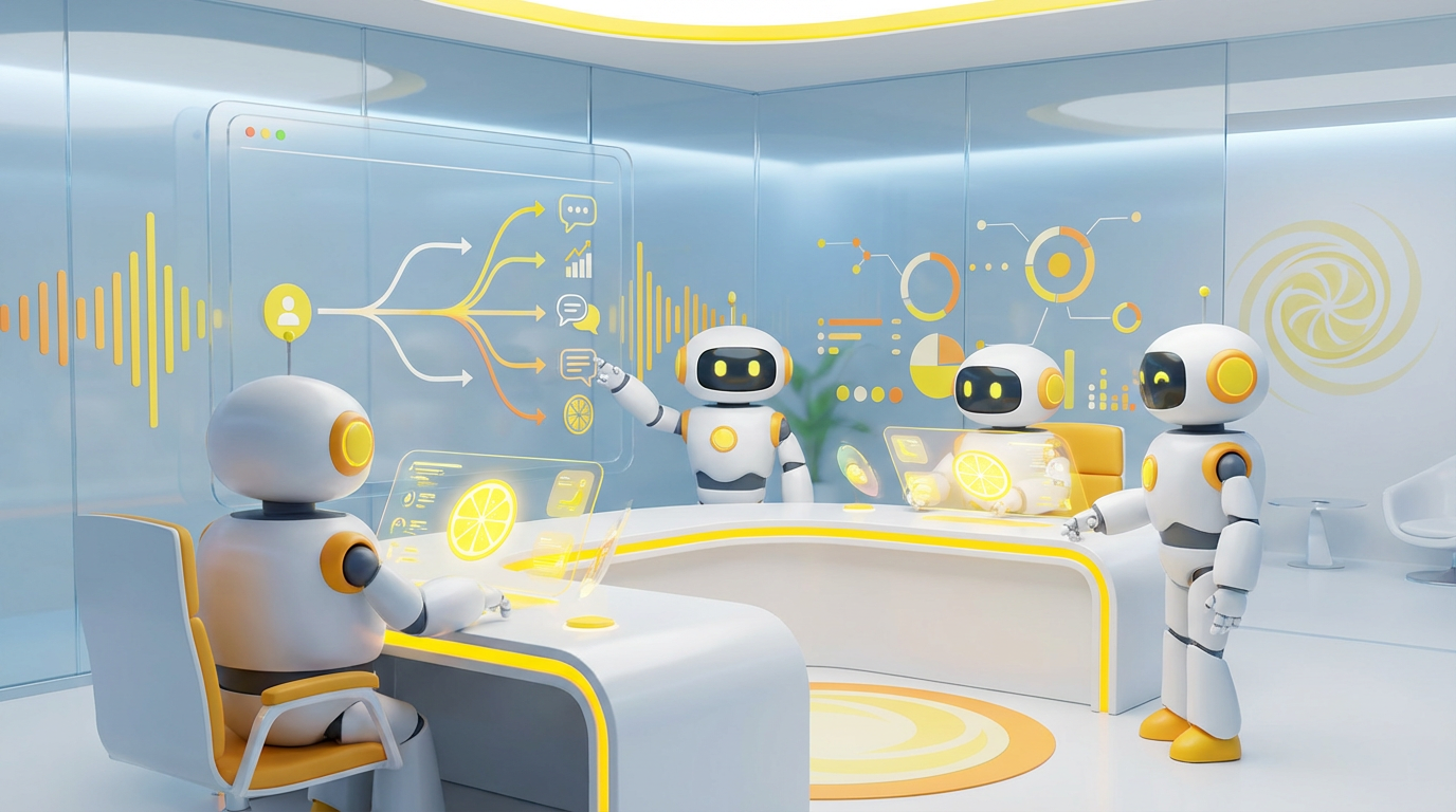 Team of friendly AI robots collaborating in a bright, modern tech space with citrus accents, showing what happens when clients talk to your bot for support.