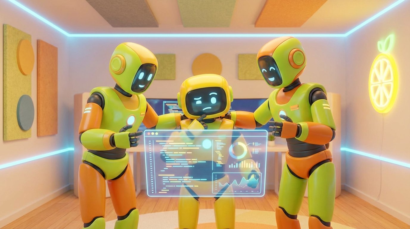 Team of friendly AI robots collaborating in a bright, modern tech space with citrus accents, exploring what to do when my AI assistant fails during daily workflows.