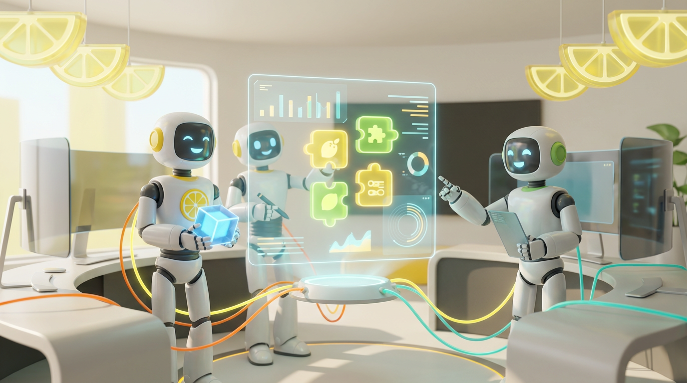 Team of friendly AI robots collaborating in a bright, modern tech room with citrus accents, representing the best AI plugins designed to boost everyday efficiency.