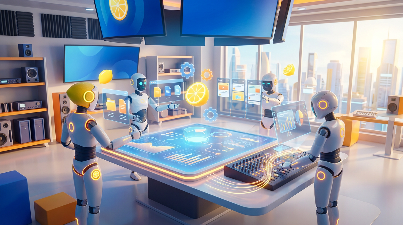 Team of friendly AI robots collaborating in a bright, modern tech space with citrus accents, representing how AI can take over key team tasks efficiently.