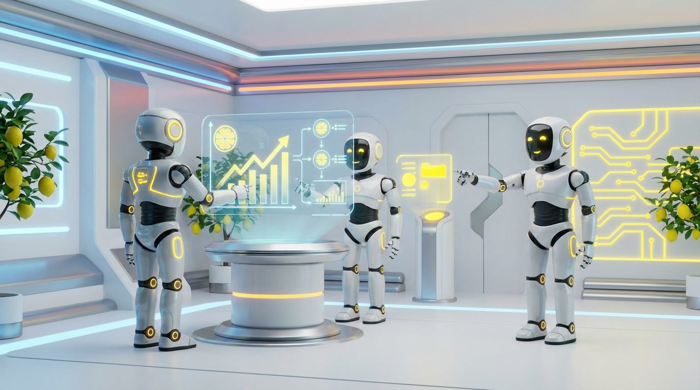 Vibrant 3D rendering of collaborative AI robots in a modern office for the blog post AI Assistant Templates Boost Business Growth.