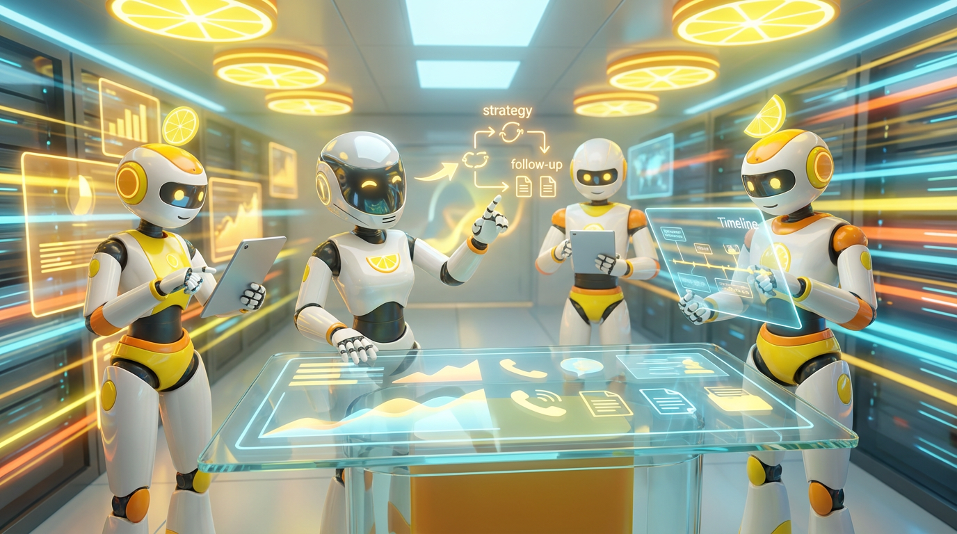 Team of friendly AI robots collaborating in a bright, modern tech space with citrus accents, showing how AI turns strategy calls into follow-ups automatically.