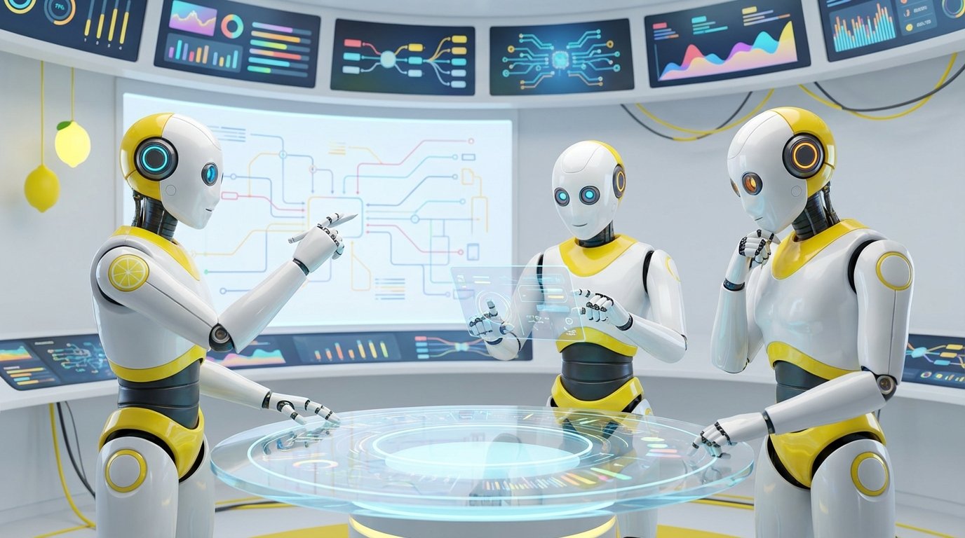 AI governance shown through friendly 3D robots collaborating in a bright tech room, analysing systems together to enable responsible innovation and progress.