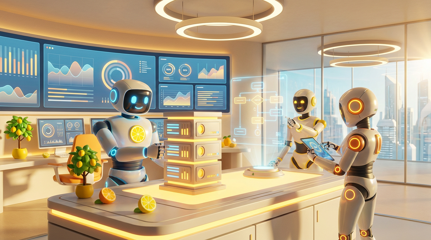 Team of friendly AI robots collaborating in a bright, modern tech space with citrus accents, representing AI model switching and a flexible multi‑model strategy.