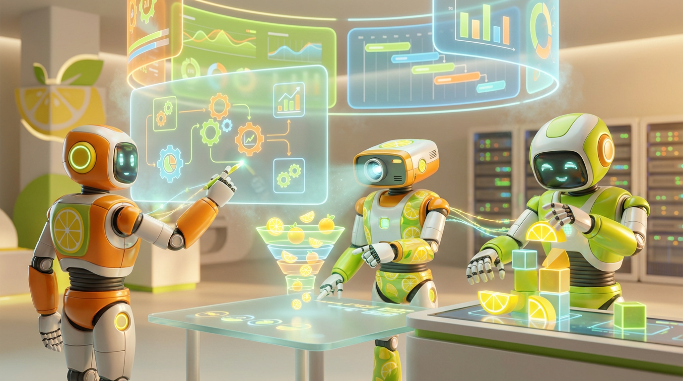 AI Agents represented as friendly robots collaborating in a vibrant 3D tech space, aligning analytics, sales support, and innovation with motion and citrus-inspired energy.