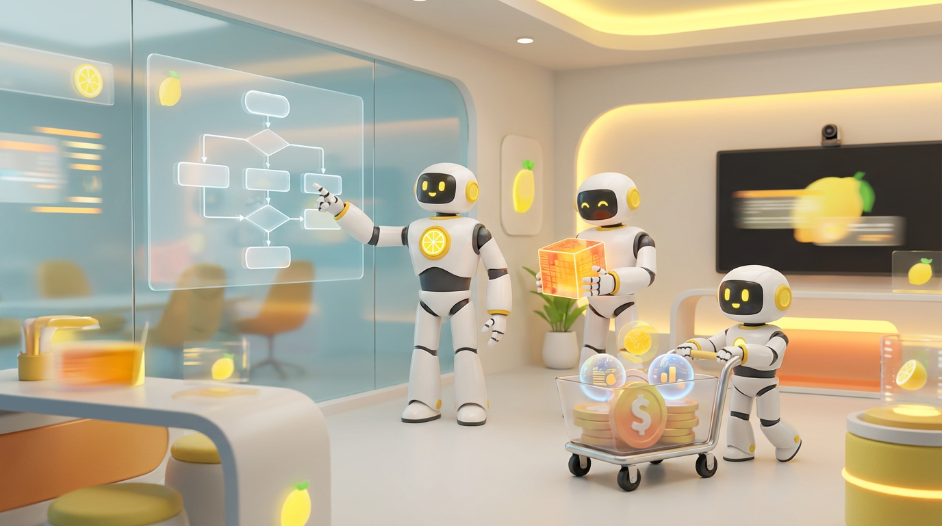 Team of friendly AI robots collaborating in a bright, modern tech space with citrus accents, highlighting how teams can avoid hidden costs in AI agent projects.