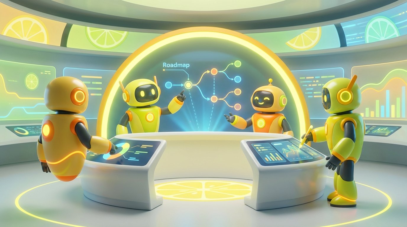 Team of friendly AI robots collaborating in a bright, modern tech space with citrus accents, visualising how teams build an AI agent roadmap across departments.
