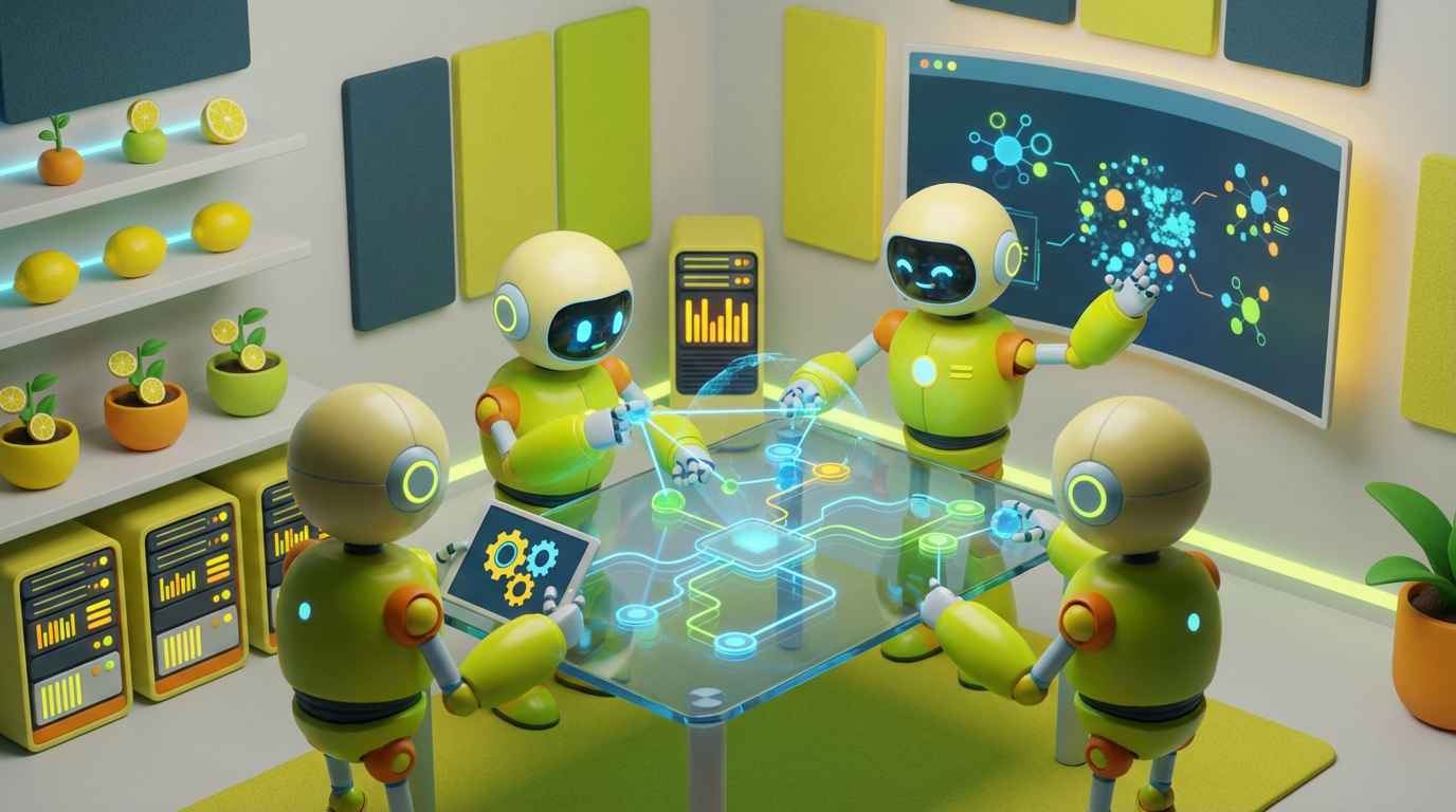 Team of friendly AI robots collaborating in a bright, modern tech space with citrus accents, visualising the creation of a multi-agent workflow in action.
