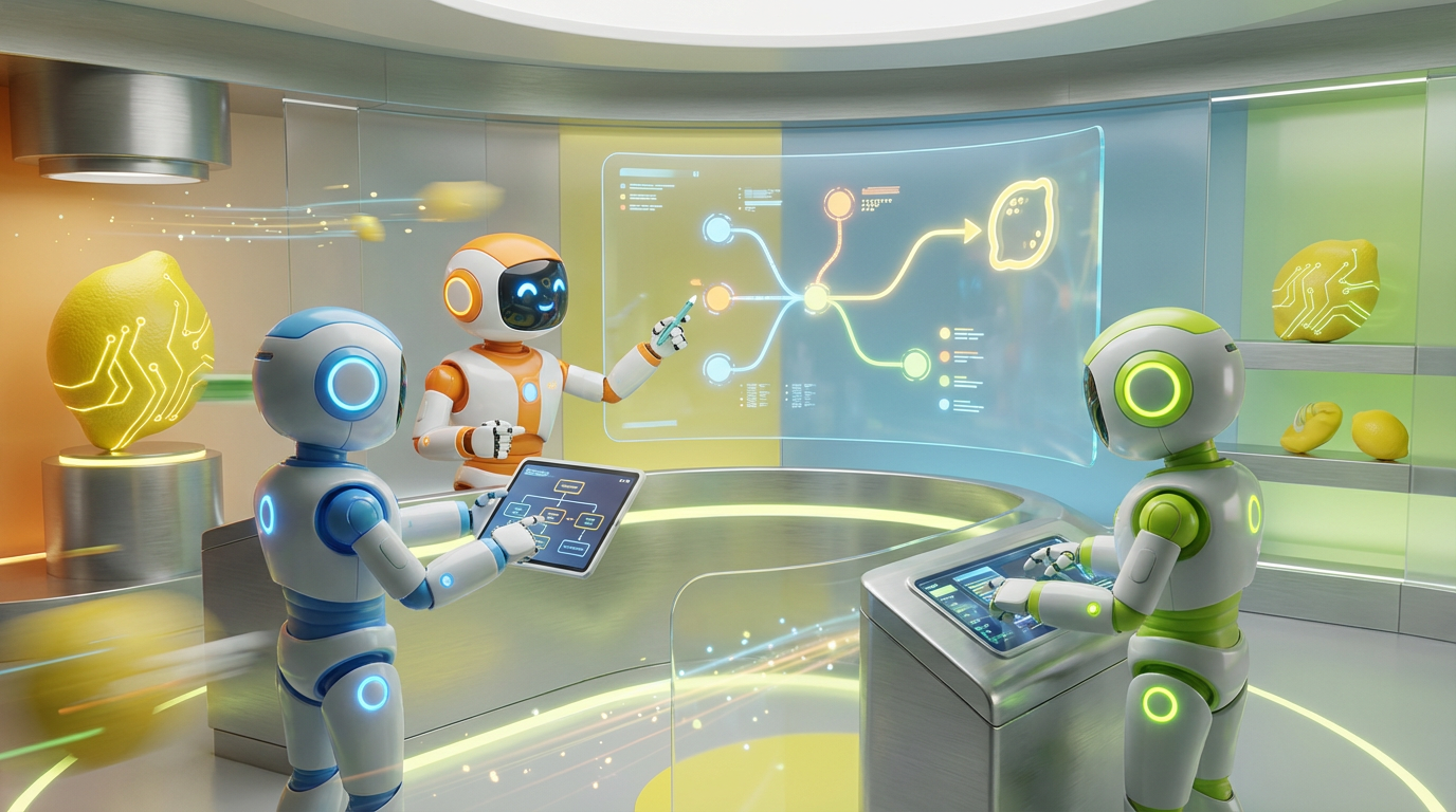 Team of friendly AI robots collaborating in a bright, modern tech space with citrus accents, visualising the process of building your team’s AI roadmap together.