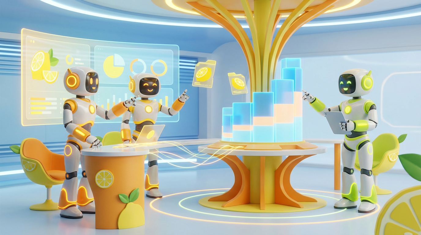 Team of friendly AI robots collaborating in a bright, modern tech space with citrus accents, showing how teams embed AI agents into company culture easily.