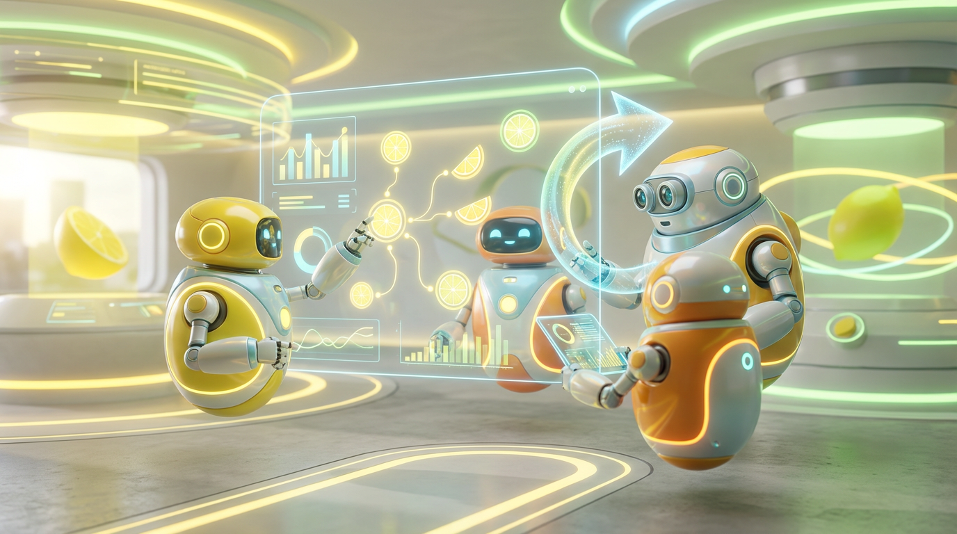 Team of friendly AI robots collaborating in a bright, modern tech space with citrus accents, illustrating how teams fix enterprise AI agent growth problems effectively.