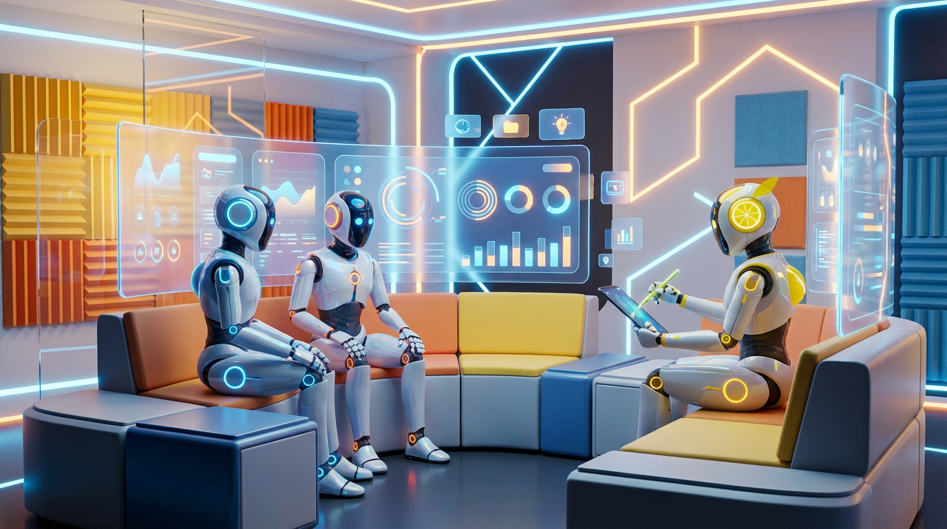 Team of friendly AI robots collaborating in a bright, modern tech space with citrus accents, showing how we got our team to use AI daily in real workflows.