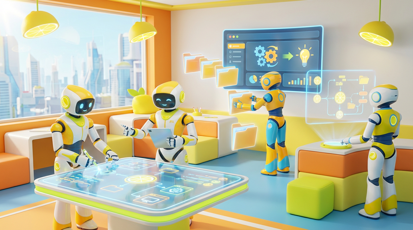 Team of friendly AI robots collaborating in a bright, modern tech space with citrus accents, symbolising a shift from manual to intelligent workflows powered by AI.