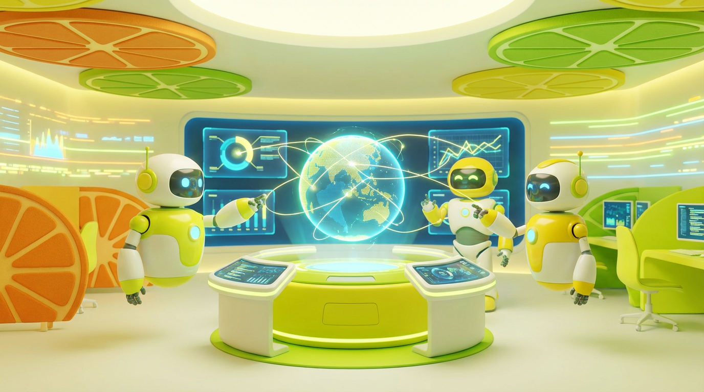 Team of friendly AI robots collaborating in a bright, modern tech space with citrus accents, illustrating how organisations build AI skills across global teams.