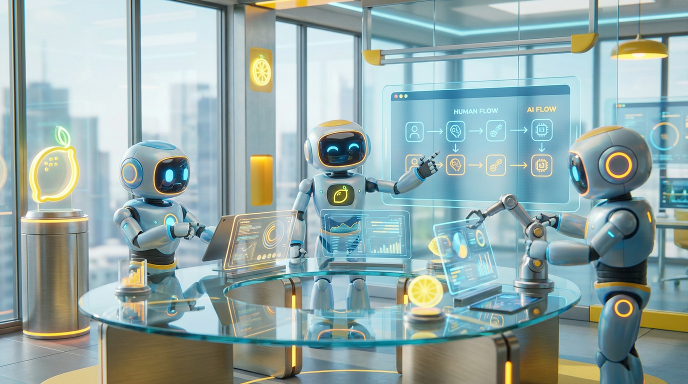 Team of friendly AI robots collaborating in a bright, modern tech space with citrus accents, illustrating a hybrid workflow where AI agents work in parallel.