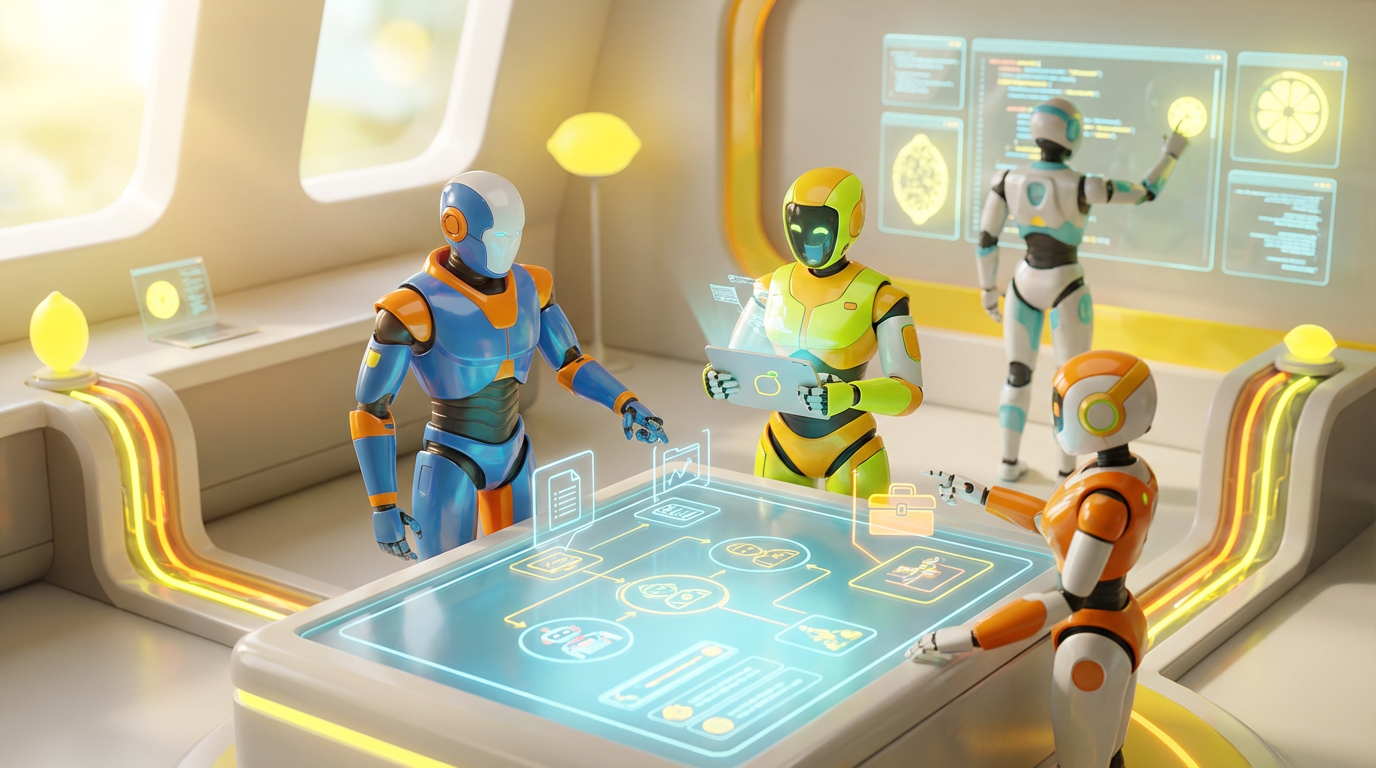 Team of friendly AI robots collaborating in a bright, modern tech space with citrus accents, illustrating how role-based AI assistants are designed for teams.
