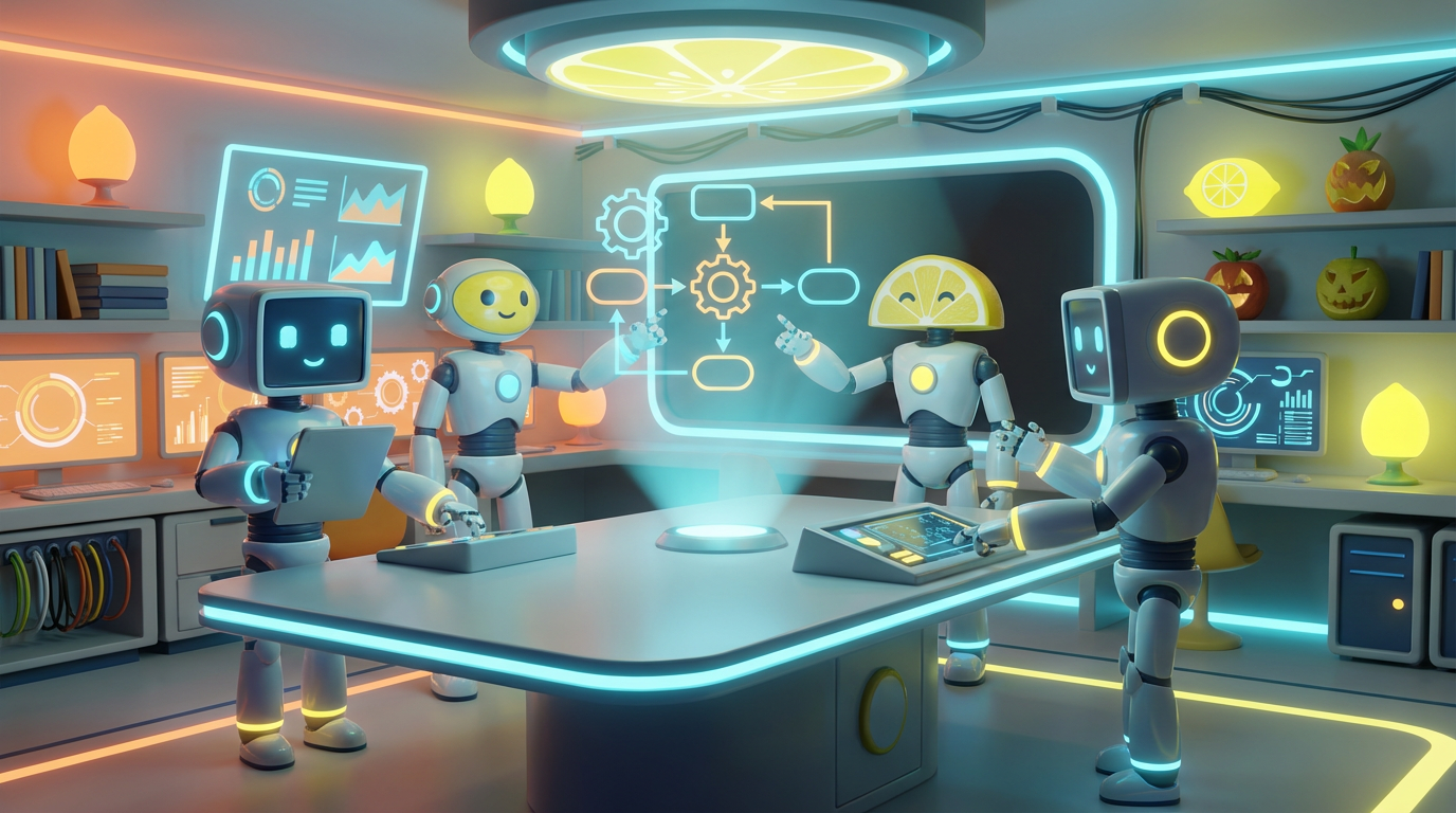 Team of friendly AI robots collaborating in a bright, modern tech space with citrus accents, illustrating how to launch a team AI initiative smoothly and effectively.