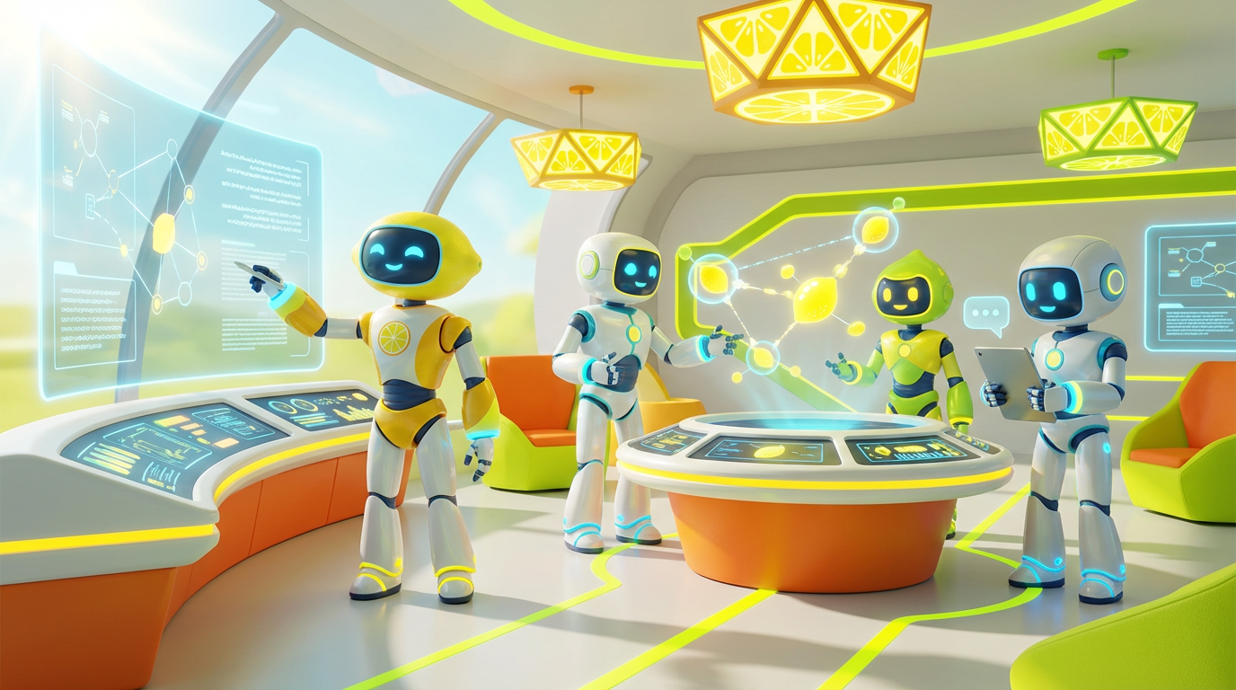 Team of friendly AI robots collaborating in a bright, modern tech space with citrus accents, illustrating how to make AI understand and use a company’s language.