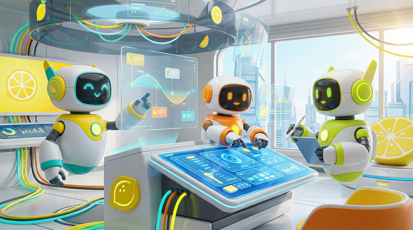 Team of friendly AI robots collaborating in a bright, modern tech space with citrus accents, representing how to run a pilot AI agent project successfully in 30 days.